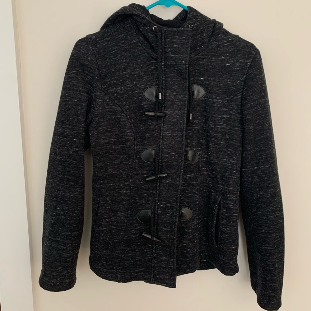 Women's hooded zip up jacket with loop clasps